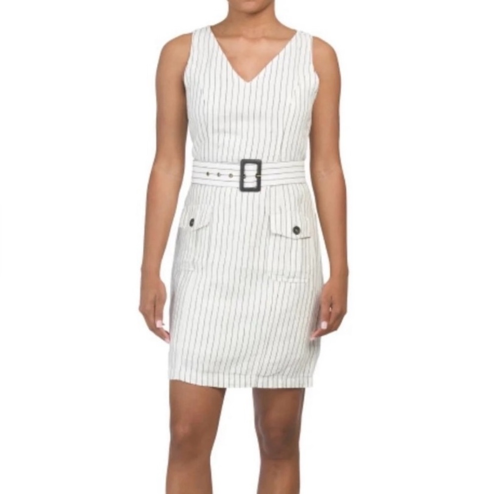 Rachel Zoe White Stripped Dress Lined Belted Cotton Linen Sleeveless Sz 6